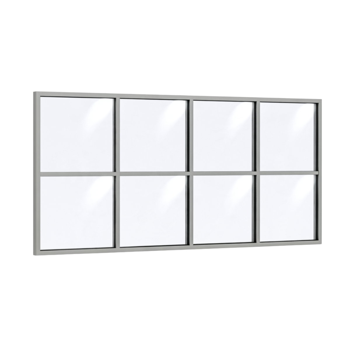 Festelement (Seitenwand) 8-teilig, 3 vertikale + 1 horizontale Sprosse in Weißaluminium (RAL 9006), mit 8 mm Klarglas