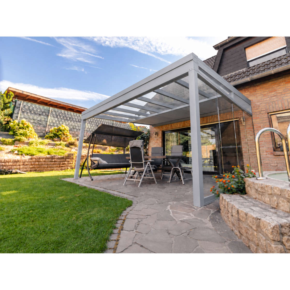 Terrassendach Classic – mit 8 mm VSG Glas Eindeckung (Breite 7000–14000 mm)