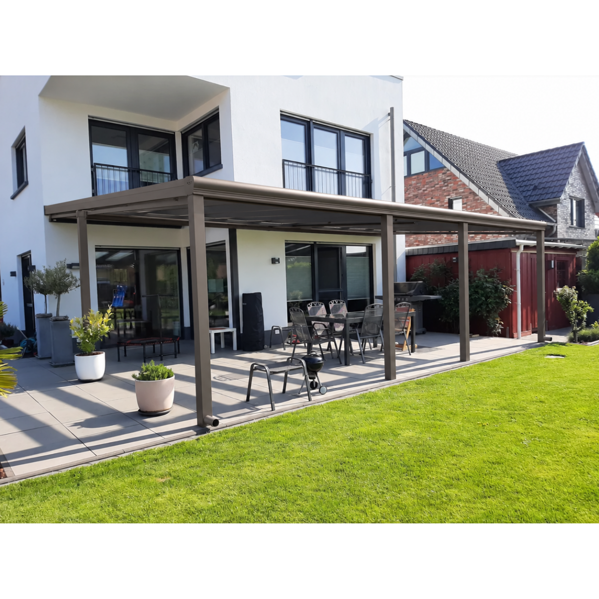 Terrassendach Premium – mit 8 mm VSG Glas Eindeckung (Breite 1000–6000 mm)