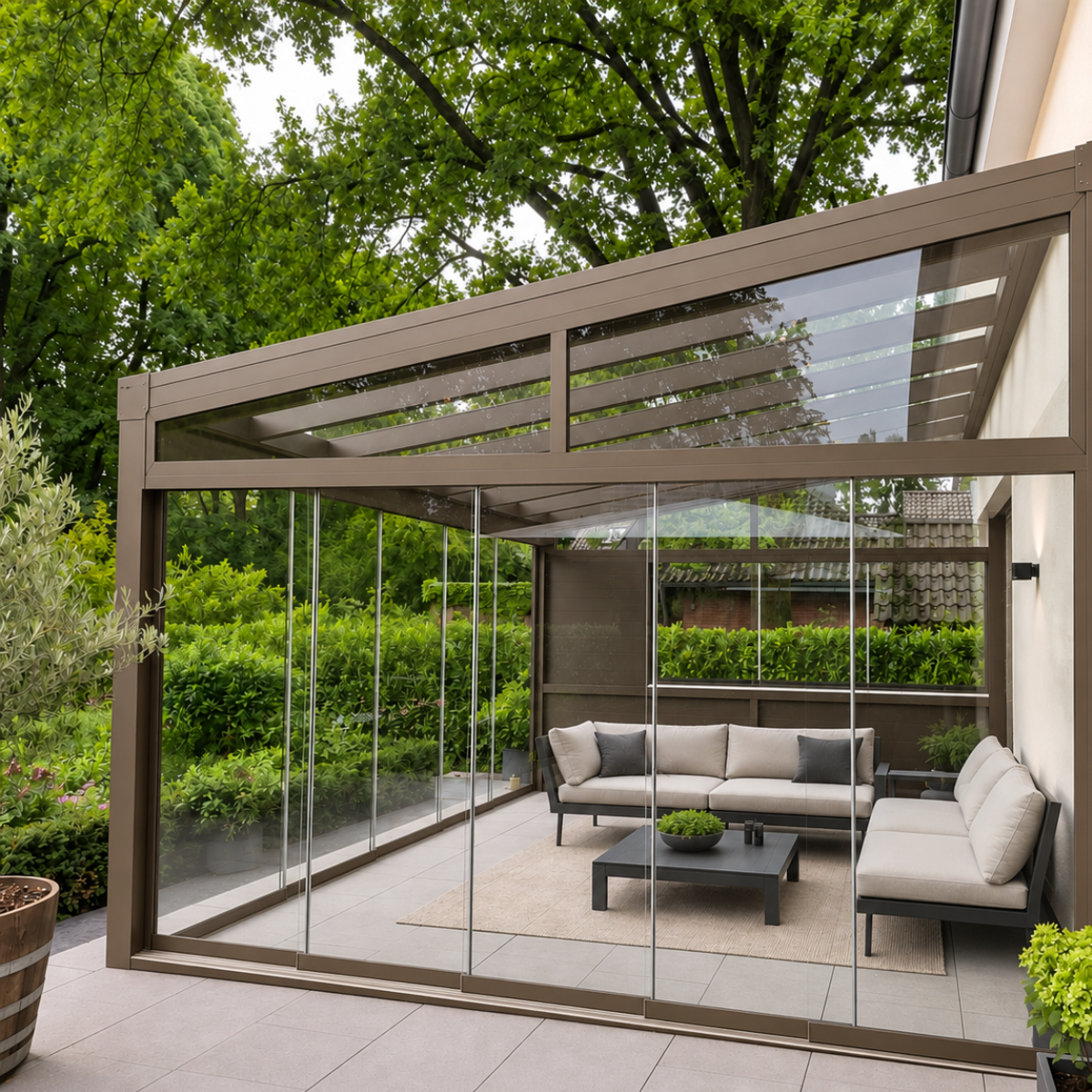 Kaltwintergarten – mit 8 mm VSG Glas Eindeckung (Breite 7000–14000 mm)