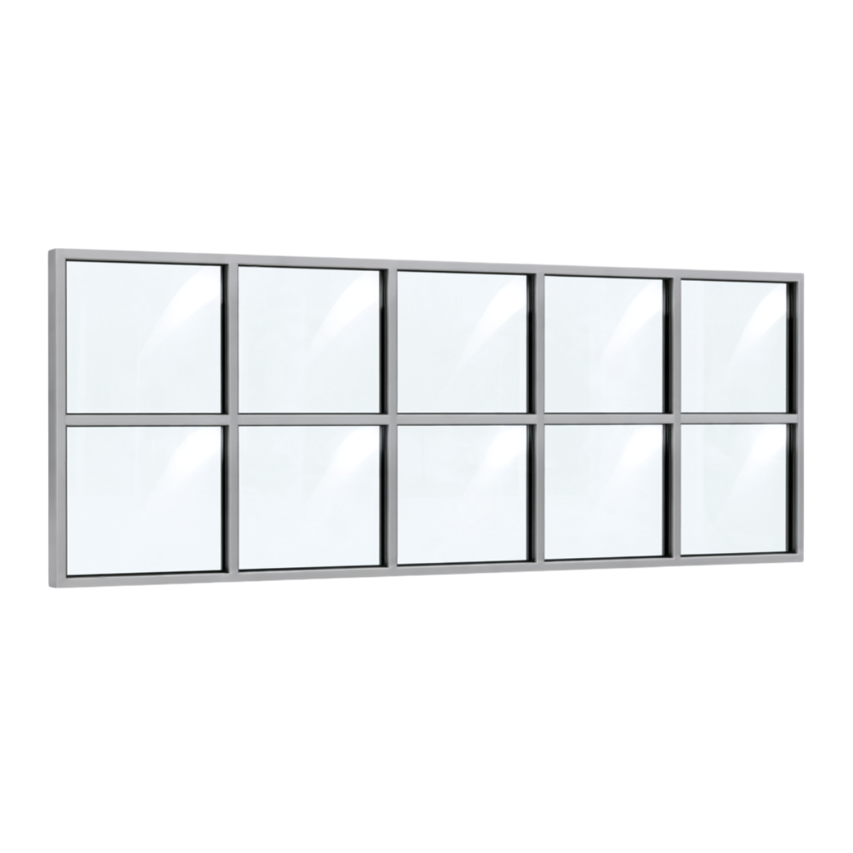 Festelement (Seitenwand) 10-teilig, 4 vertikale + 1 horizontale Sprosse in Weißaluminium (RAL 9006), mit 8 mm Klarglas