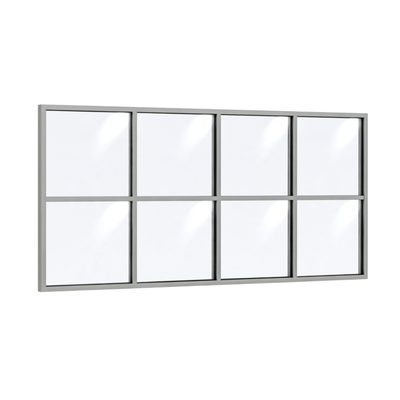 Festelement (Seitenwand) 8-teilig, 3 vertikale + 1 horizontale Sprosse in Weißaluminium (RAL 9006), mit 8 mm Klarglas