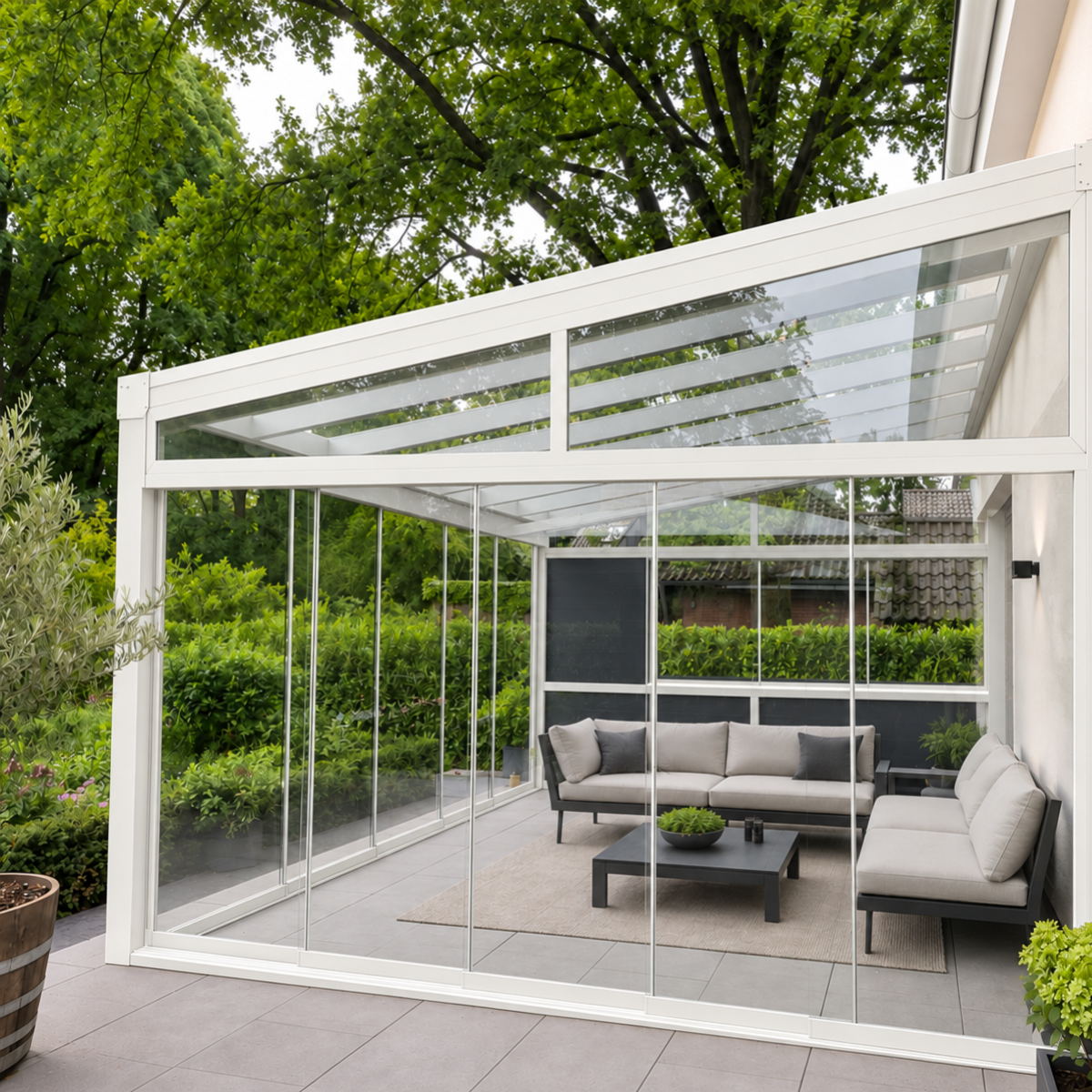 Kaltwintergarten – mit 8 mm VSG Glas Eindeckung (Breite 7000–14000 mm)